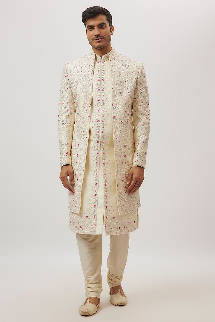 ivory Silk Floral Printed & Machine Embroidered Sherwani Set by Nero By Shaifali & Satya