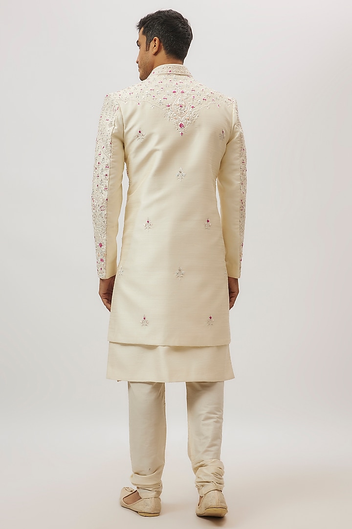 ivory Silk Floral Printed & Machine Embroidered Groom Sherwani Set by Nero By Shaifali & Satya at Pernia's Pop Up Shop