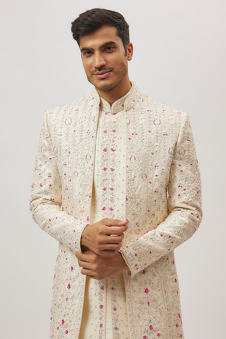 ivory Silk Floral Printed & Machine Embroidered Groom Sherwani Set by Nero By Shaifali & Satya at Pernia's Pop Up Shop