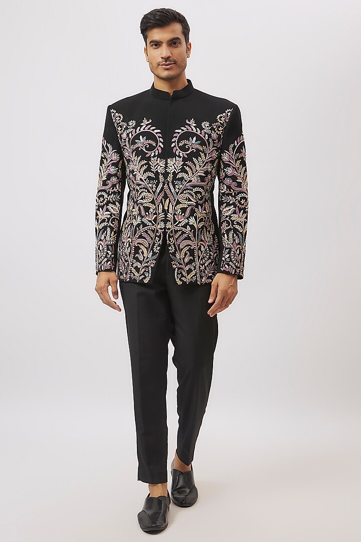 Black Suiting Floral Printed & Machine Embroidered Jodhpuri Set by Nero By Shaifali & Satya