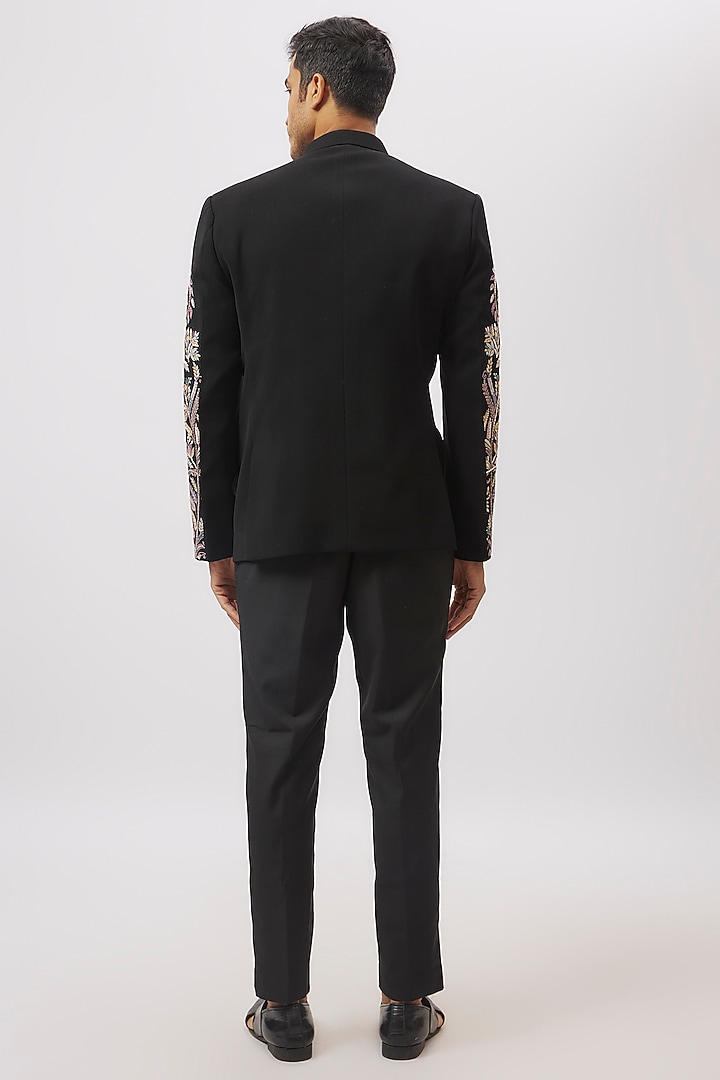 Black Suiting Floral Printed & Machine Embroidered Jodhpuri Set by Nero By Shaifali & Satya at Pernia's Pop Up Shop