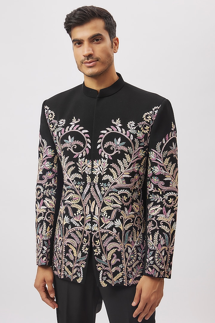 Black Suiting Floral Printed & Machine Embroidered Jodhpuri Set by Nero By Shaifali & Satya at Pernia's Pop Up Shop