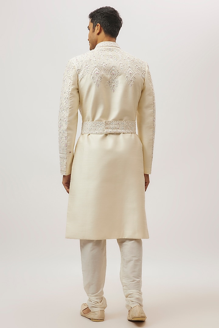 Ivory Silk Abstract Printed & Machine Embroidered Groom Sherwani Set by Nero By Shaifali & Satya at Pernia's Pop Up Shop