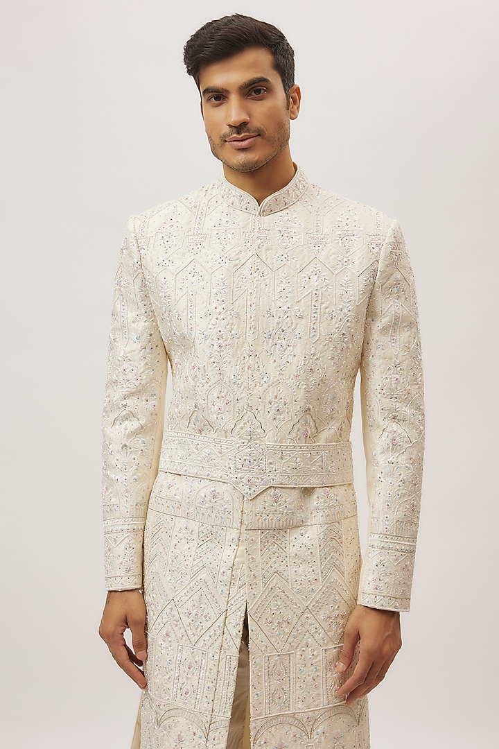 Ivory Silk Abstract Printed & Machine Embroidered Groom Sherwani Set by Nero By Shaifali & Satya at Pernia's Pop Up Shop
