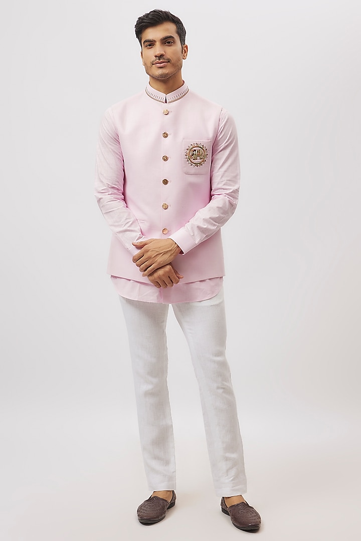 Pink Linen Hand Embroidered Bundi Jacket Set by Nero By Shaifali & Satya