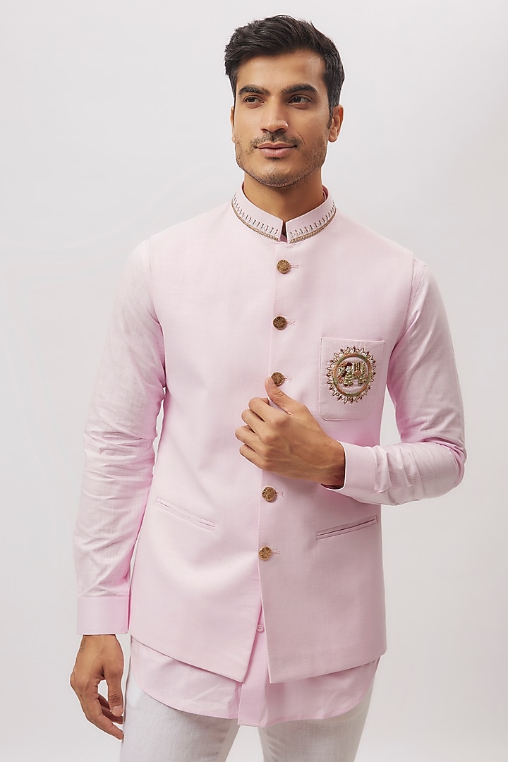 Pink Linen Hand Embroidered Bundi Jacket Set by Nero By Shaifali & Satya at Pernia's Pop Up Shop