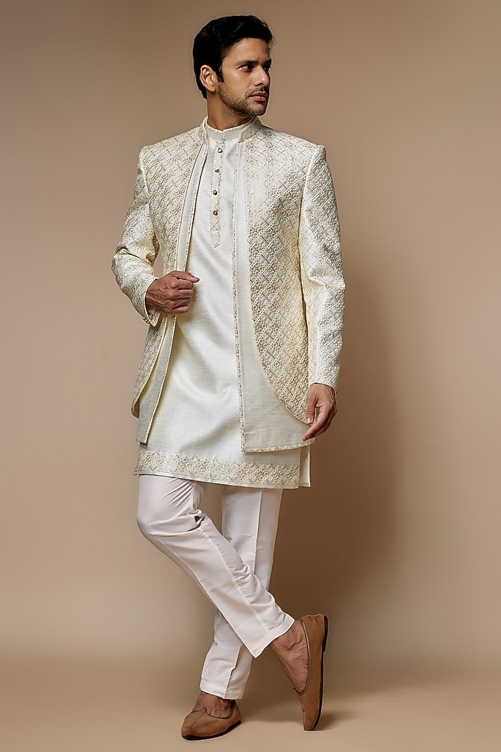 Ivory Silk Machine Embroidered Wedding Indowestern Set by Nero By Shaifali & Satya at Pernia's Pop Up Shop