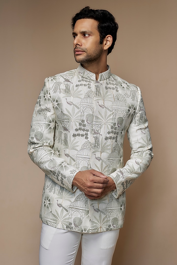 White Silk Thread Embroidered Jodhpuri Set by Nero By Shaifali & Satya at Pernia's Pop Up Shop