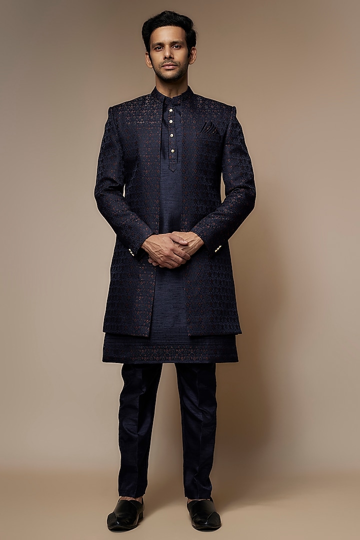 Blue Silk Machine Embroidered Indo Western Set by Nero By Shaifali & Satya