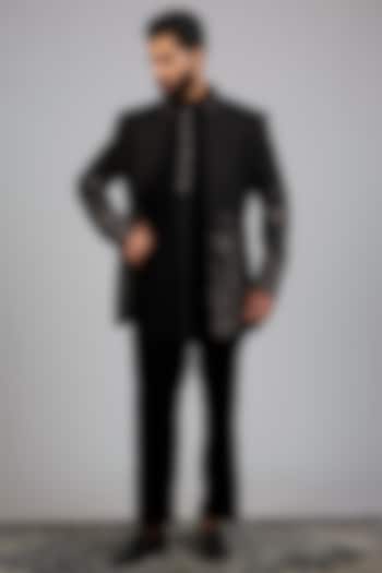 Black Silk Groom Indowestern Set by Nero By Shaifali & Satya at Pernia's Pop Up Shop