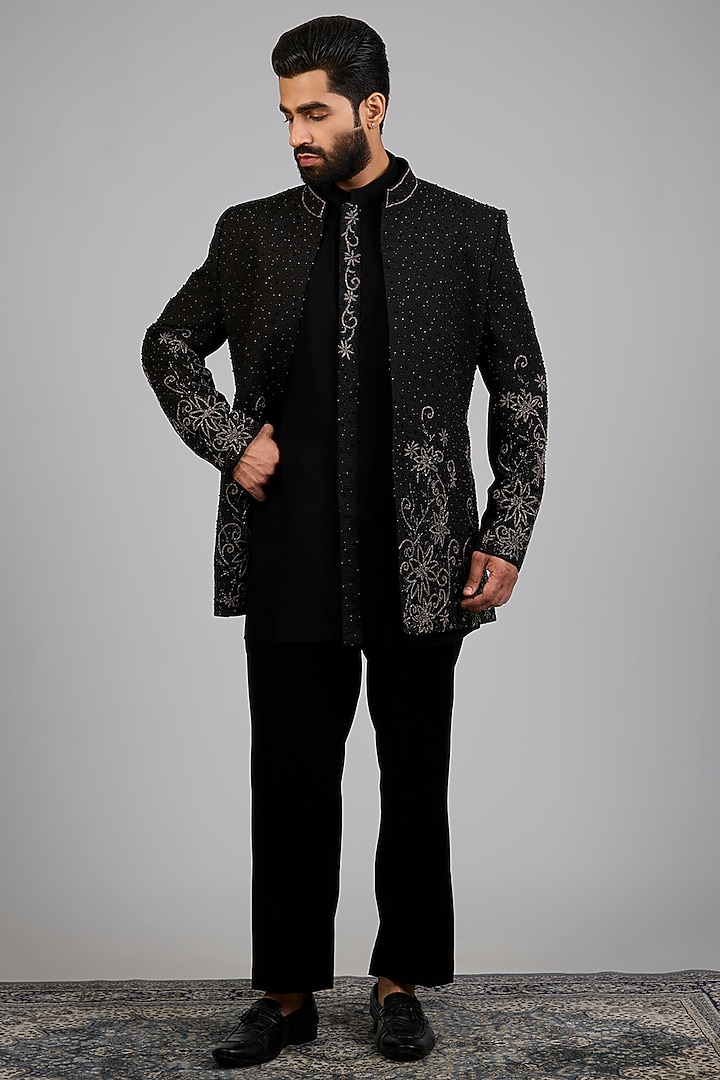 Black Silk Groom Indowestern Set by Nero By Shaifali & Satya at Pernia's Pop Up Shop