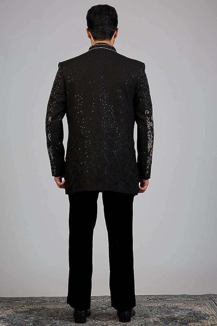 Black Silk Groom Indowestern Set by Nero By Shaifali & Satya at Pernia's Pop Up Shop