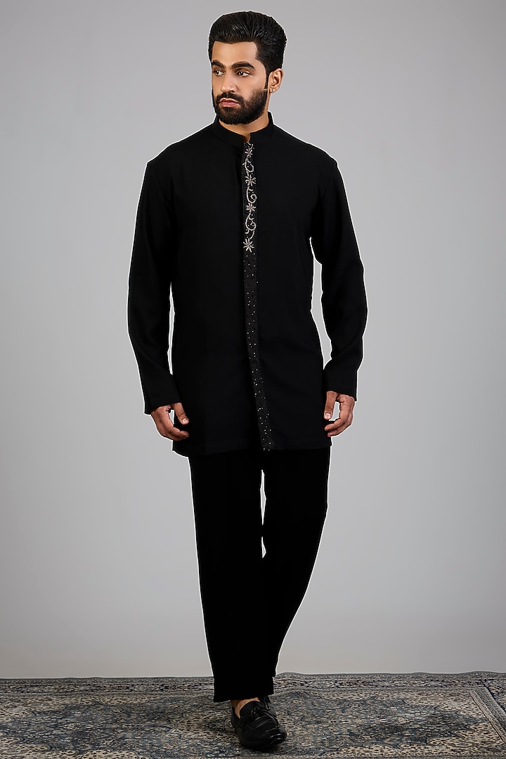 Black Silk Groom Indowestern Set by Nero By Shaifali & Satya at Pernia's Pop Up Shop