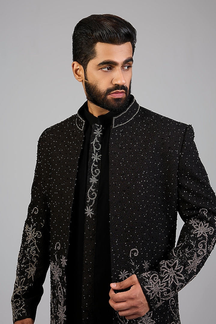 Black Silk Groom Indowestern Set by Nero By Shaifali & Satya at Pernia's Pop Up Shop