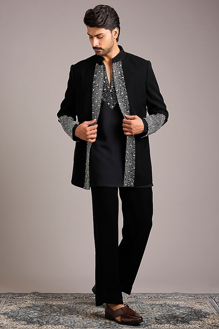 Black Boomario Hand Work Wedding Indowestern Set by Nero By Shaifali & Satya at Pernia's Pop Up Shop