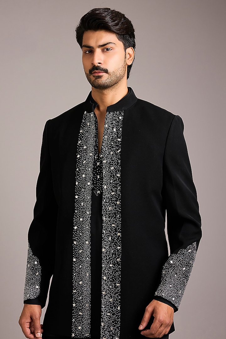 Black Boomario Hand Work Wedding Indowestern Set by Nero By Shaifali & Satya at Pernia's Pop Up Shop