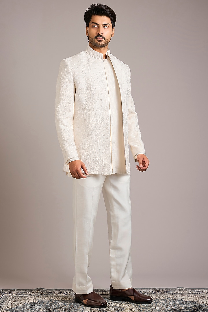 White Silk Hand Work Wedding Indowestern Set by Nero By Shaifali & Satya at Pernia's Pop Up Shop