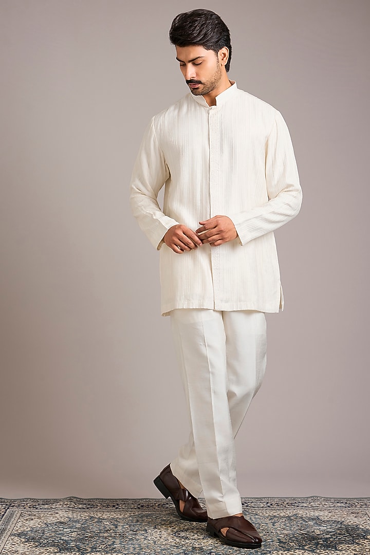 White Silk Hand Work Wedding Indowestern Set by Nero By Shaifali & Satya at Pernia's Pop Up Shop