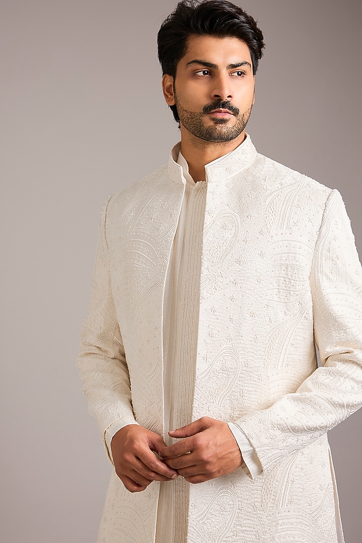 White Silk Hand Work Wedding Indowestern Set by Nero By Shaifali & Satya at Pernia's Pop Up Shop