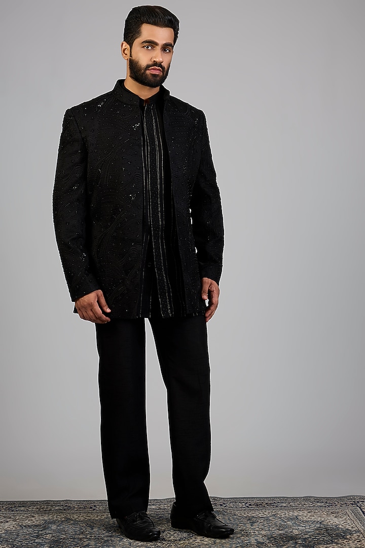 Black Silk Wedding Indowestern Set by Nero By Shaifali & Satya at Pernia's Pop Up Shop