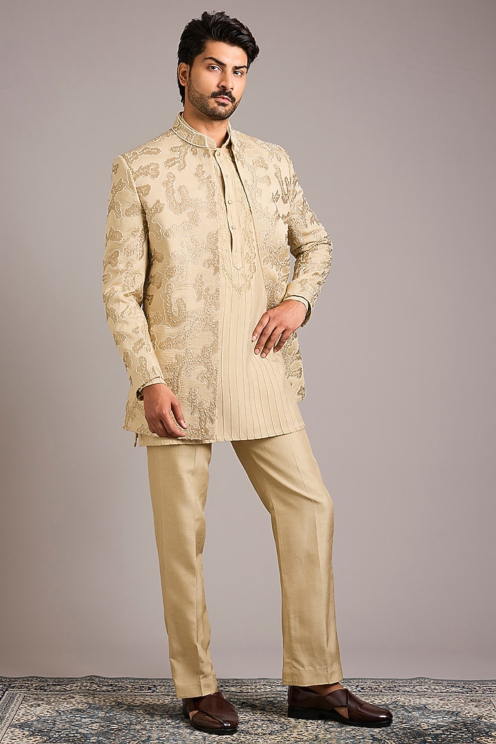Beige Silk Hand Work Wedding Indowestern Set by Nero By Shaifali & Satya at Pernia's Pop Up Shop