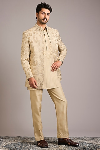 Beige Silk Hand Work Indowestern Set by Nero By Shaifali & Satya