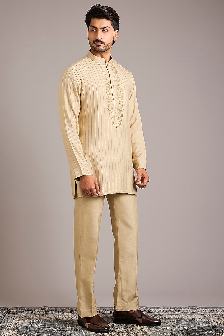 Beige Silk Hand Work Wedding Indowestern Set by Nero By Shaifali & Satya at Pernia's Pop Up Shop