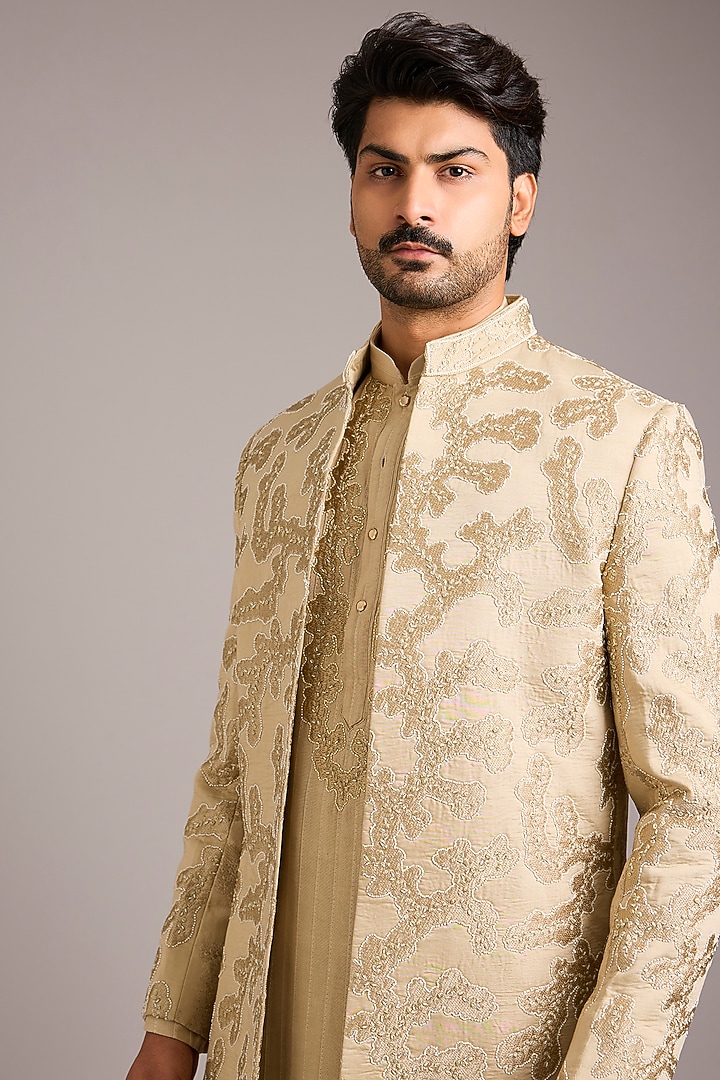 Beige Silk Hand Work Wedding Indowestern Set by Nero By Shaifali & Satya at Pernia's Pop Up Shop