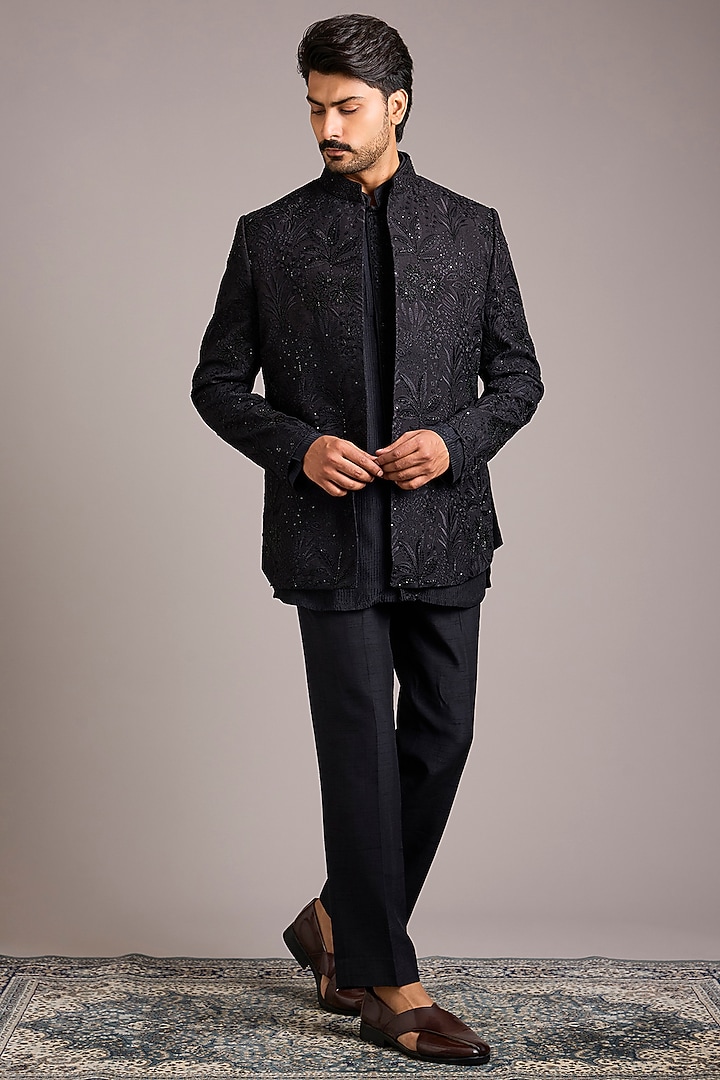 Black Silk Hand Work Groom Indowestern Set by Nero By Shaifali & Satya at Pernia's Pop Up Shop
