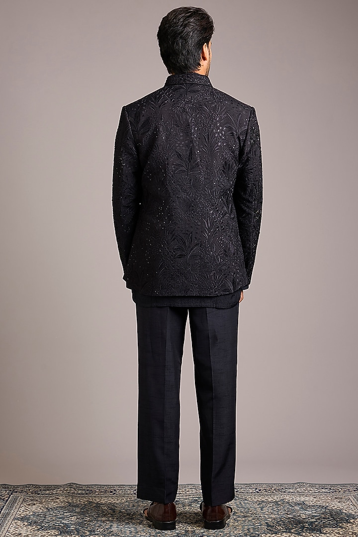 Black Silk Hand Work Groom Indowestern Set by Nero By Shaifali & Satya at Pernia's Pop Up Shop