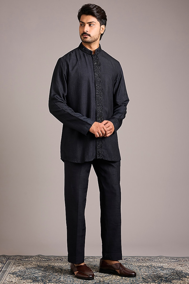 Black Silk Hand Work Groom Indowestern Set by Nero By Shaifali & Satya at Pernia's Pop Up Shop