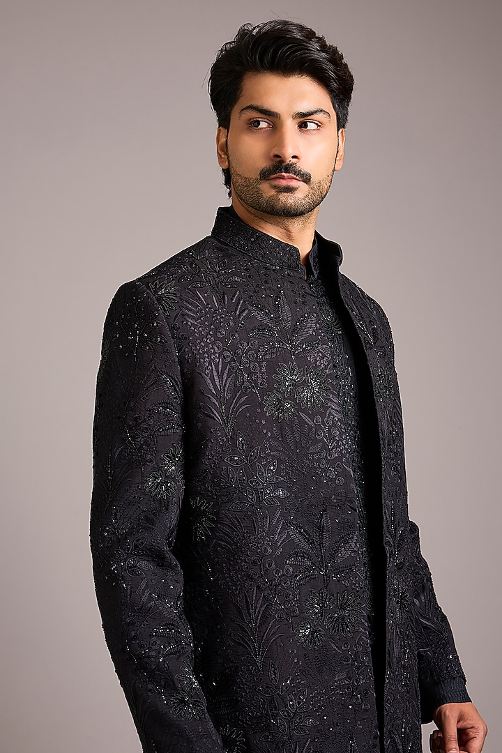 Black Silk Hand Work Groom Indowestern Set by Nero By Shaifali & Satya at Pernia's Pop Up Shop