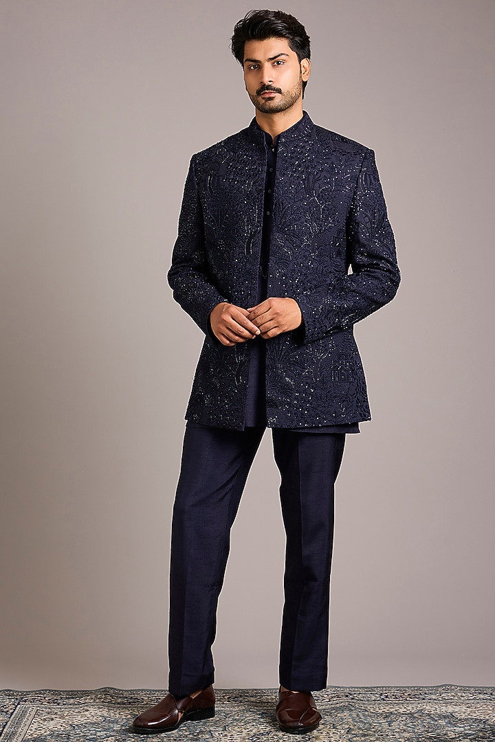 Blue Silk Hand Work Groom Indowestern Set by Nero By Shaifali & Satya at Pernia's Pop Up Shop