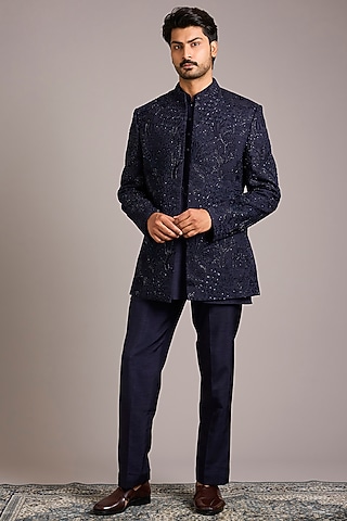 Blue Silk Hand Work Indowestern Set by Nero By Shaifali & Satya