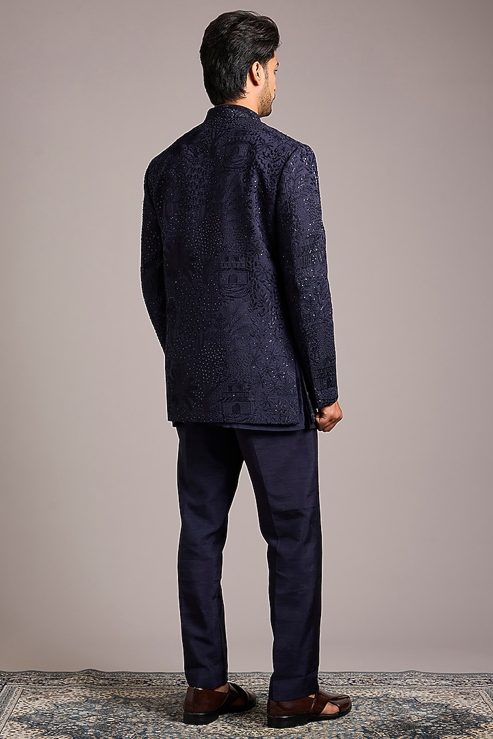Blue Silk Hand Work Groom Indowestern Set by Nero By Shaifali & Satya at Pernia's Pop Up Shop