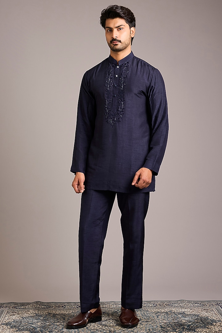 Blue Silk Hand Work Groom Indowestern Set by Nero By Shaifali & Satya at Pernia's Pop Up Shop