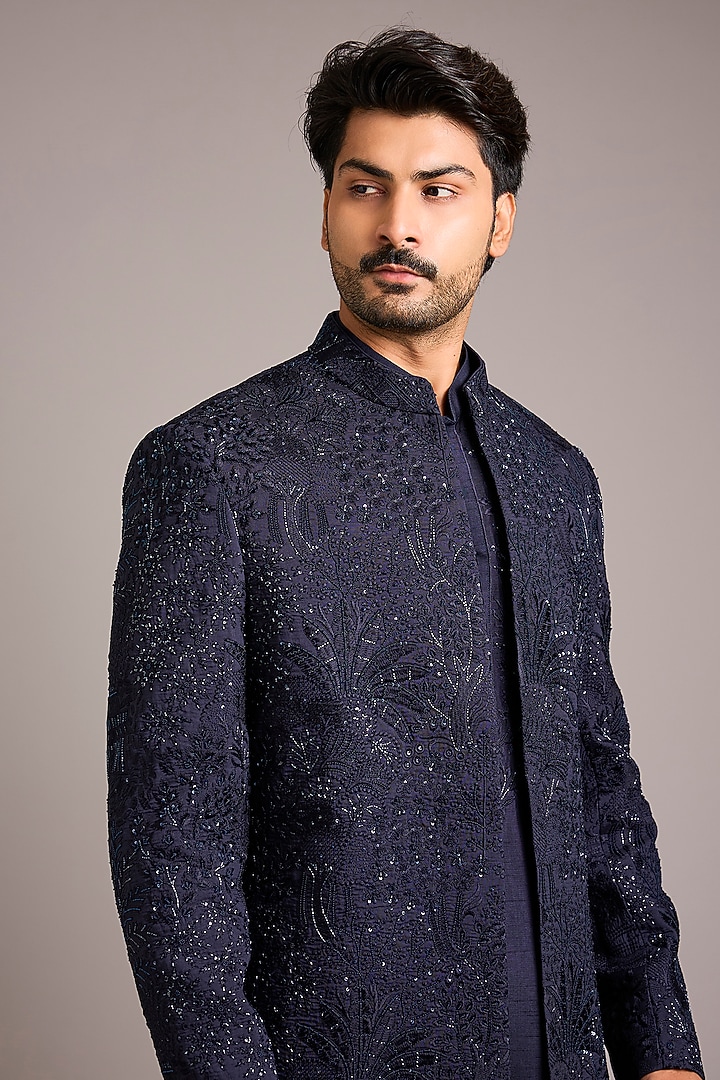 Blue Silk Hand Work Groom Indowestern Set by Nero By Shaifali & Satya at Pernia's Pop Up Shop