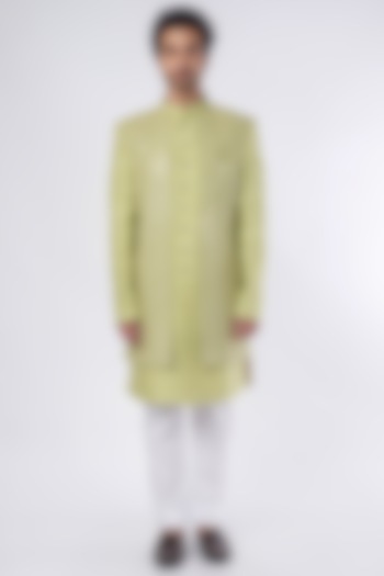 Pista Green Silk Indo Western Jacket Set by Nero by Shaifali & Satya at Pernia's Pop Up Shop