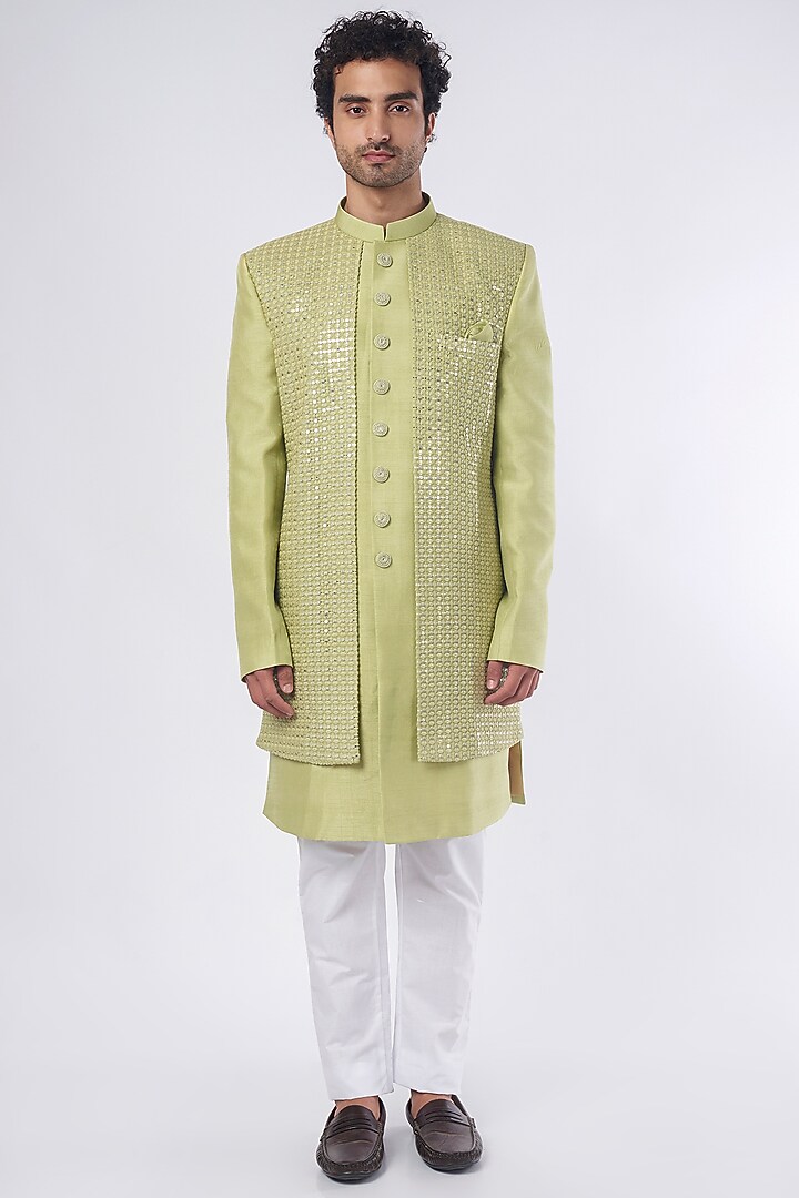 Pista Green Silk Indo Western Jacket Set by Nero by Shaifali & Satya at Pernia's Pop Up Shop