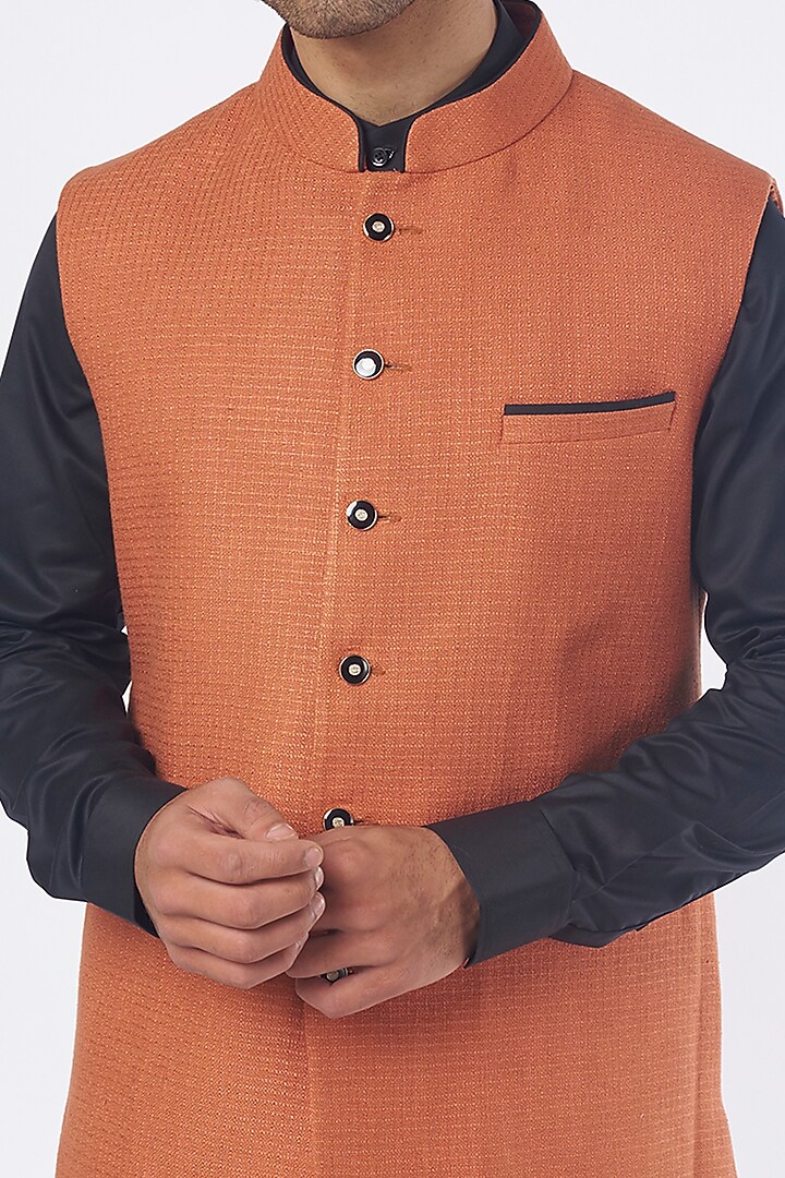 Orange Matka Silk Bundi Jacket Set by Nero by Shaifali & Satya at Pernia's Pop Up Shop