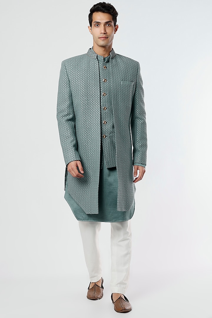 Grey Lucknowi Open Indowestern Jacket Set by Nero by Shaifali & Satya