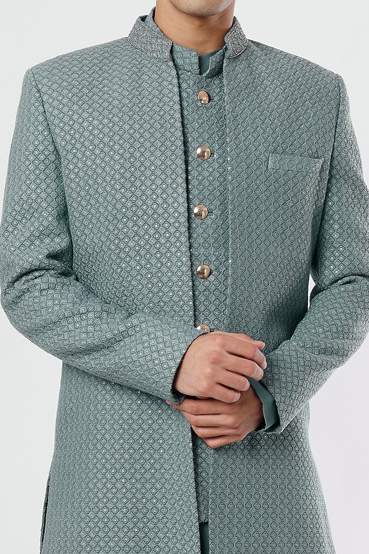 Grey Lucknowi Open Wedding Indowestern Jacket Set by Nero by Shaifali & Satya at Pernia's Pop Up Shop