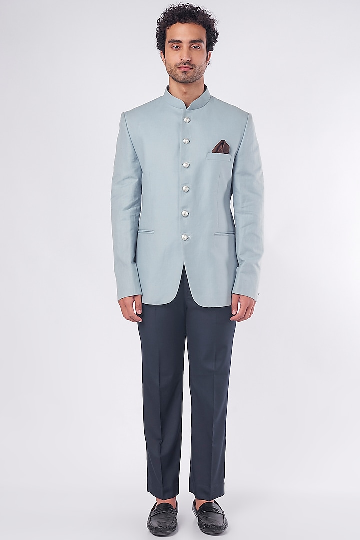 Sky Blue Linen Jodhpuri Jacket Set by Nero by Shaifali & Satya