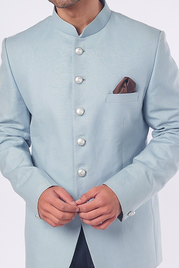 Sky Blue Linen Jodhpuri Jacket Set by Nero by Shaifali & Satya at Pernia's Pop Up Shop