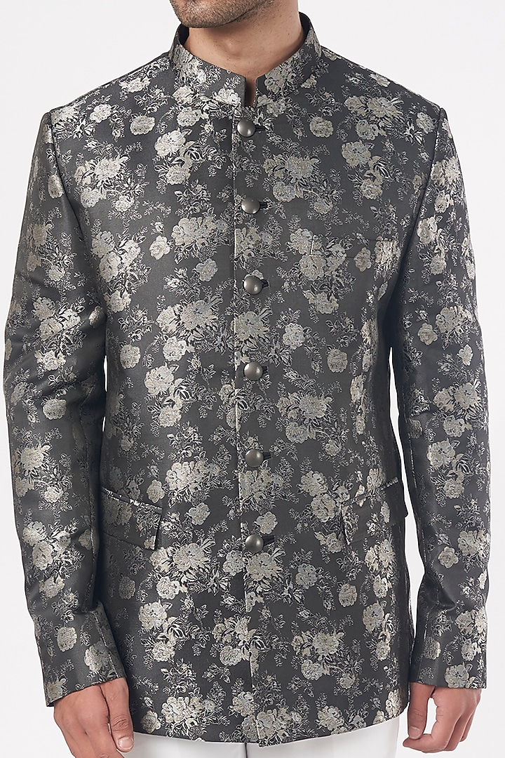 Grey Printed Jodhpuri Jacket Set by Nero by Shaifali & Satya at Pernia's Pop Up Shop