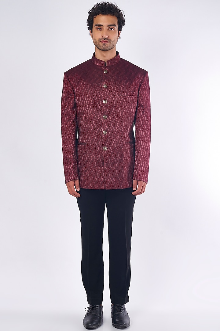 Maroon Printed Jodhpuri Jacket Set by Nero by Shaifali & Satya