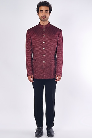 Maroon Printed Jodhpuri Jacket Set by Nero by Shaifali & Satya