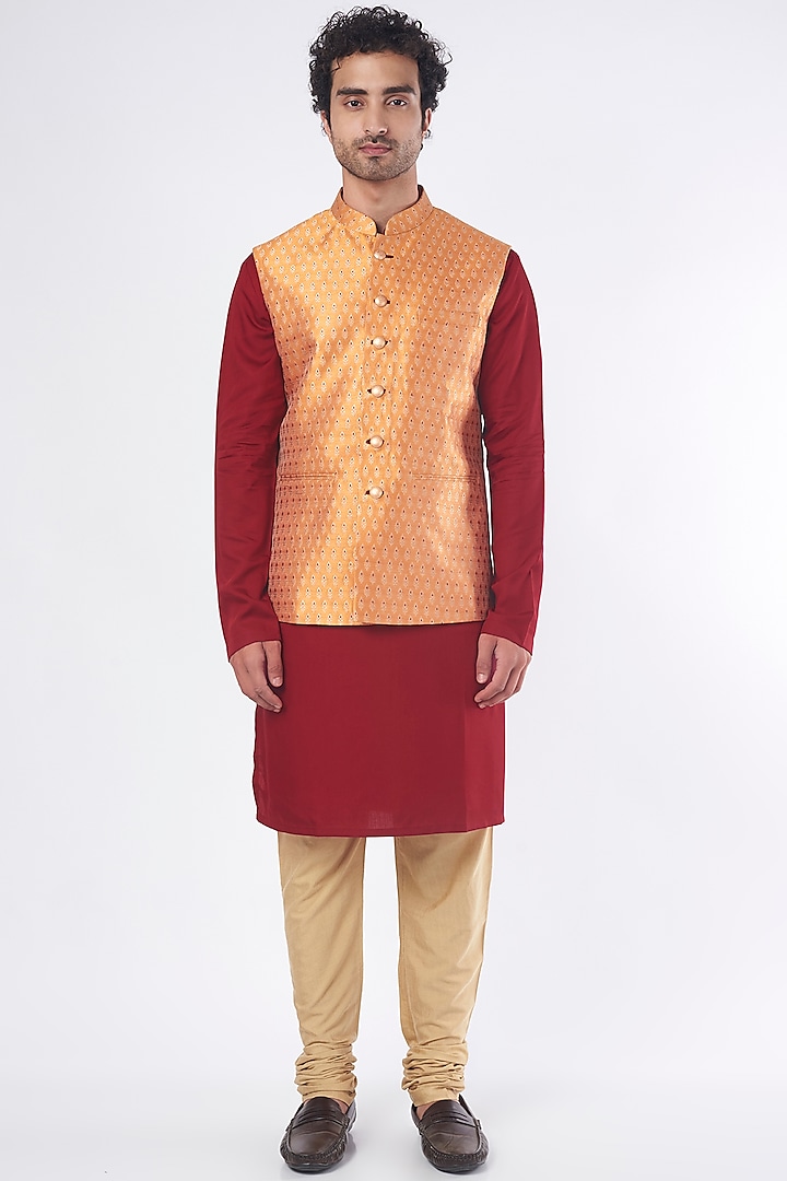 Mustard Brocade Bundi Jacket Set by Nero by Shaifali & Satya at Pernia's Pop Up Shop