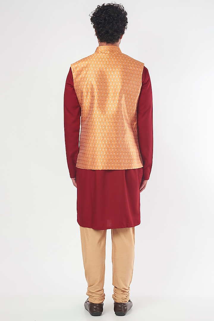 Mustard Brocade Bundi Jacket Set by Nero by Shaifali & Satya at Pernia's Pop Up Shop
