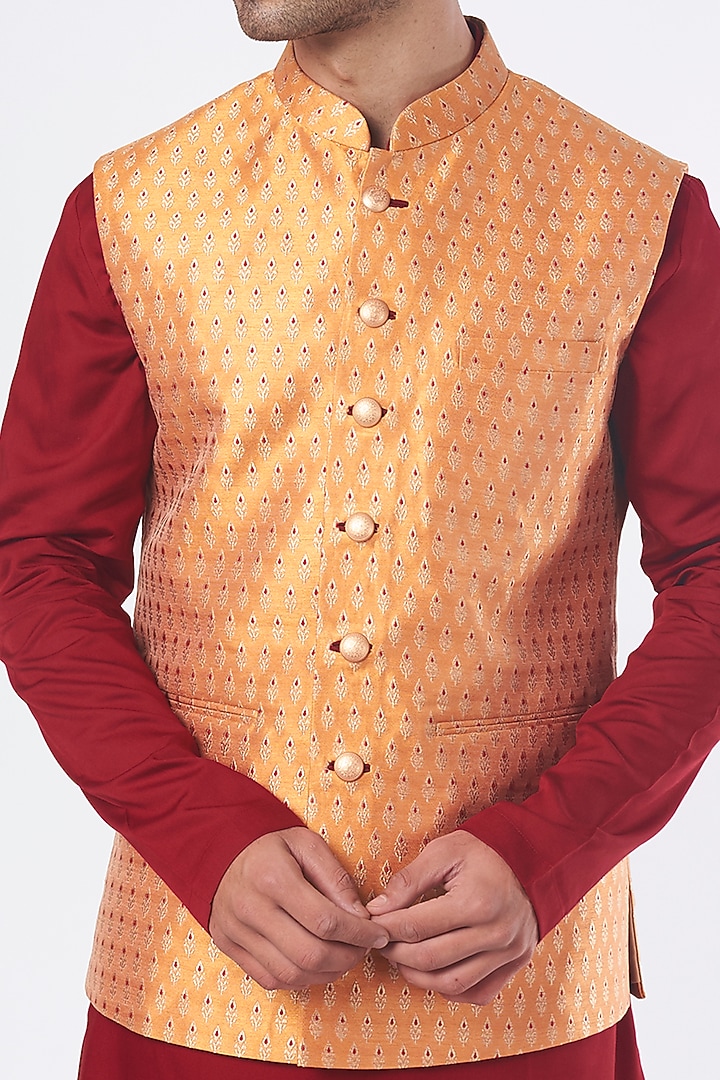 Mustard Brocade Bundi Jacket Set by Nero by Shaifali & Satya at Pernia's Pop Up Shop